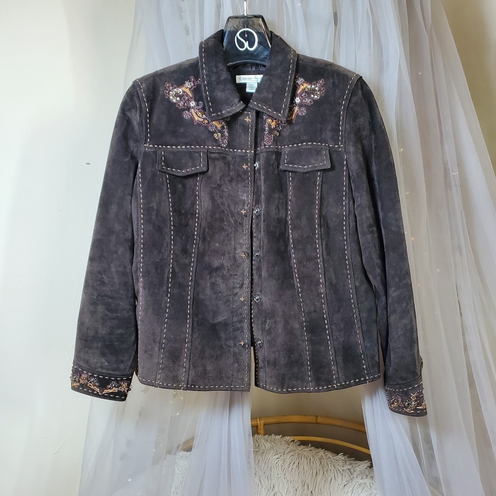 Vtg Coldwater Creek Western Suede Jacket Beaded Boho Retro 70s Chocolate P/XL